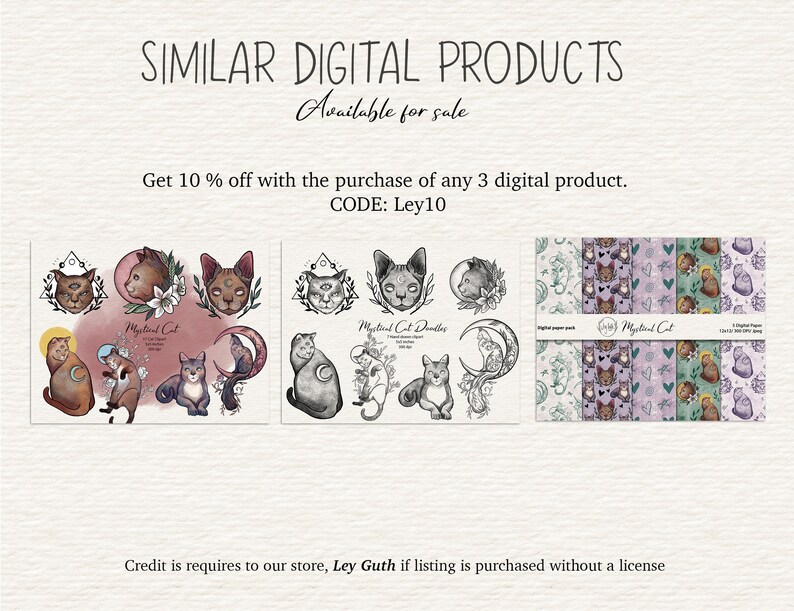 May include: Digital art prints featuring mystical cat illustrations. The artwork includes various cat designs with celestial and floral elements, and a digital paper pack. The text reads "SIMILAR DIGITAL PRODUCTS" and "Available for sale".