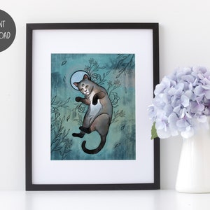 Mystical floral blue cat art print, Cat Printable, Cat lover gift, Instant download 8x10, 11x14, 16x20