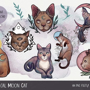 May include: A collection of mystical cat illustrations with celestial and floral elements. The cats are depicted in various poses, with moon symbols and third eyes. The color palette includes shades of brown, purple, and blue, with watercolor backgrounds. Text reads "Mystical Moon Cat" and "Instant Download".