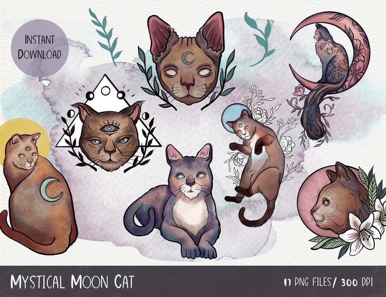 May include: A collection of mystical cat illustrations with celestial and floral elements. The cats are depicted in various poses, with moon symbols and third eyes. The color palette includes shades of brown, purple, and blue, with watercolor backgrounds. Text reads "Mystical Moon Cat" and "Instant Download".