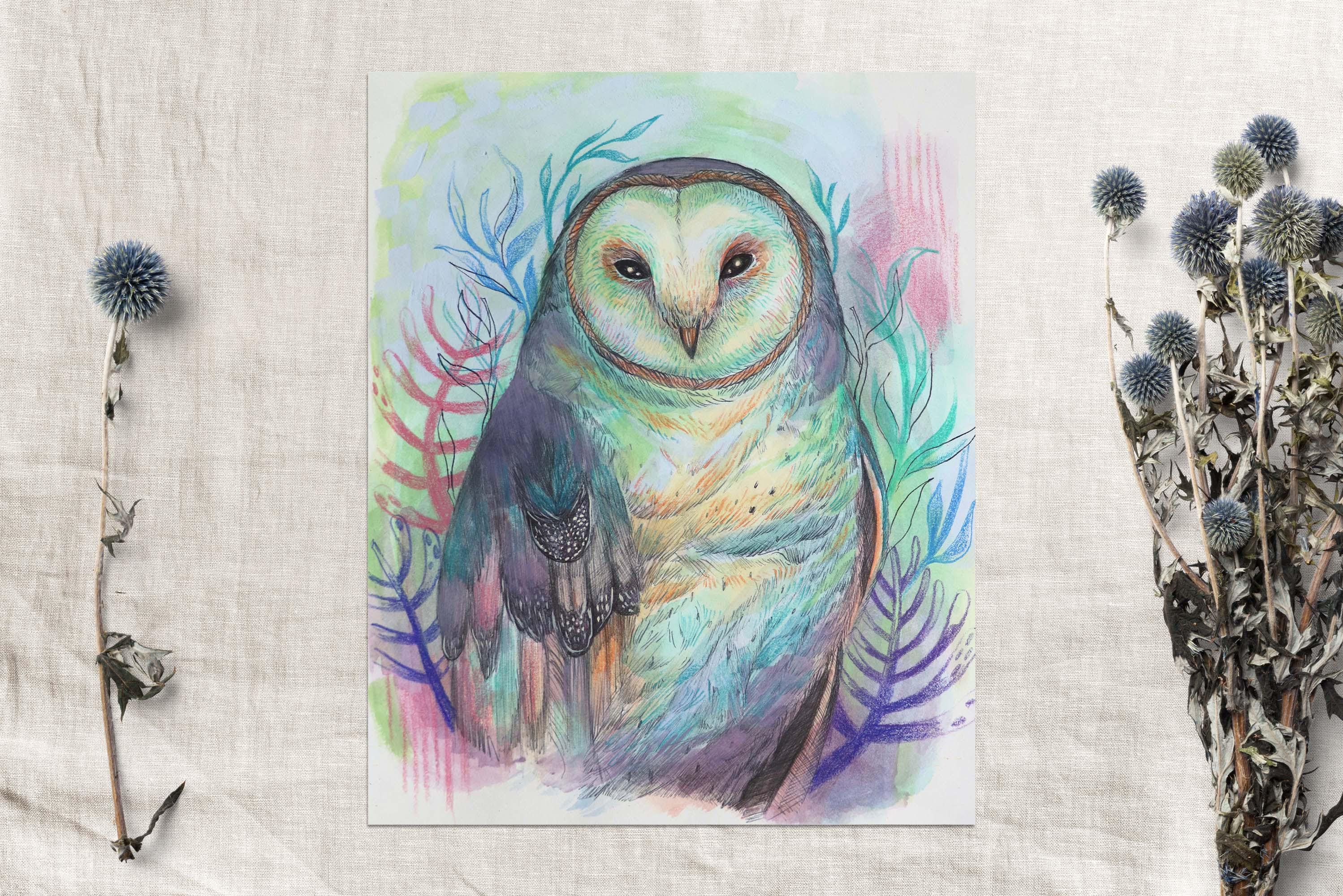 Original Owl Mixed Media Art 8x10 &ndash;Whimsical Woodland Animal Artwork