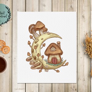 Mushroom on the Moon, Hand painted mushroom & moon art, Witchy printable art,  Instant Download