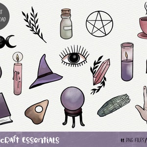 Witchcraft Essentials Clipart, Halloween witchy Clipart, Mystical clipart, 18 png files, INSTANT DOWNLOAD
