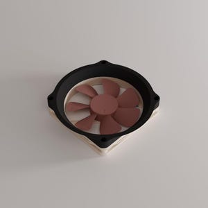 Puede incluir: Un ventilador de ordenador con un marco negro y aspas de color marrón claro. El ventilador tiene forma cuadrada con esquinas redondeadas. Las aspas son de color marrón apagado. El ventilador está diseñado para refrigerar componentes informáticos.