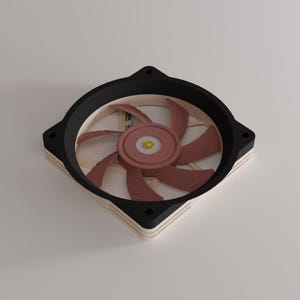 Puede incluir: Un ventilador de computadora con marco negro y aspas marrones. El ventilador tiene un centro circular con un acento amarillo. El ventilador está diseñado para enfriar componentes de computadora, sobre un fondo blanco.