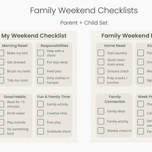 May include: A printable Family Weekend Checklists set for parents and children. The checklists include sections for morning reset, responsibilities, good habits, fun & family time, home reset, kid prep, family connection, and week preparation.