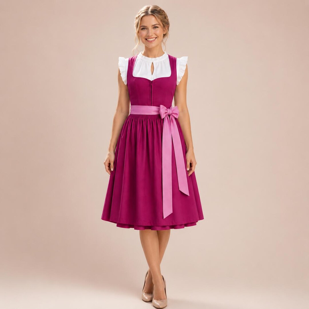German Ruffles Magenta Velvet Dirndl Dress, Pink Apron Bavarian Oktoberfest Outfit ...