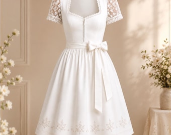Witte dirndl-jurk, Beierse bruidsoutfit oktoberfest, kledingset met kanten mouwen, geborduurd alpenkostuum, midi-Duitse bruiloft volksjurk