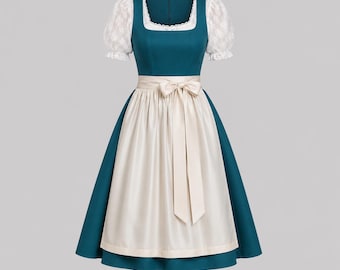 Teal Dirndl Dress, Puff Sleeve Bavarian Oktoberfest Outfit, Cream Apron Trachten Set, Traditional Alpine Costume, Midi German Folk Dress