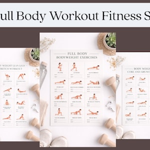 May include: A fitness set with three workout charts displaying exercise illustrations. The charts include "Full Body Workout Fitness Set", "Body Weight Lean Legs Stretch Workout", "Full Body Bodyweight Exercises", and "Body Weight Core and Abs Workout".