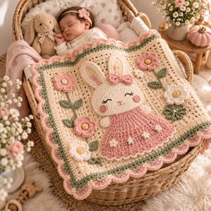 Puede incluir: Una manta de bebé tejida a ganchillo en color crema con una aplicación central de un conejo blanco con vestido rosa y un lazo. La manta está decorada con flores tejidas en rosa y blanco, tallos verdes y un borde festoneado en rosa y verde.