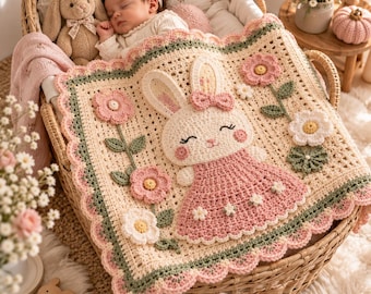 May include: A cream-colored crochet baby blanket featuring a central applique of a white bunny wearing a pink dress and a bow. The blanket is decorated with pink and white crocheted flowers, green stems, and a scalloped pink and green border edge.