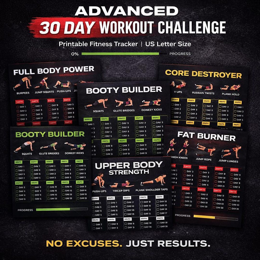 30 Day Workout Challenge Printable | Advanced Fitness Tracker | Full ...