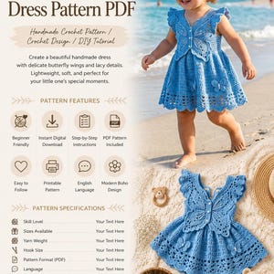 Peut inclure: Un patron de crochet numérique en format PDF pour une robe de bébé bleue avec des motifs d'ailes de papillon, des manches à volants et des détails en dentelle. Le document contient des titres comme Crochet Baby Dress Pattern PDF et Pattern Features.