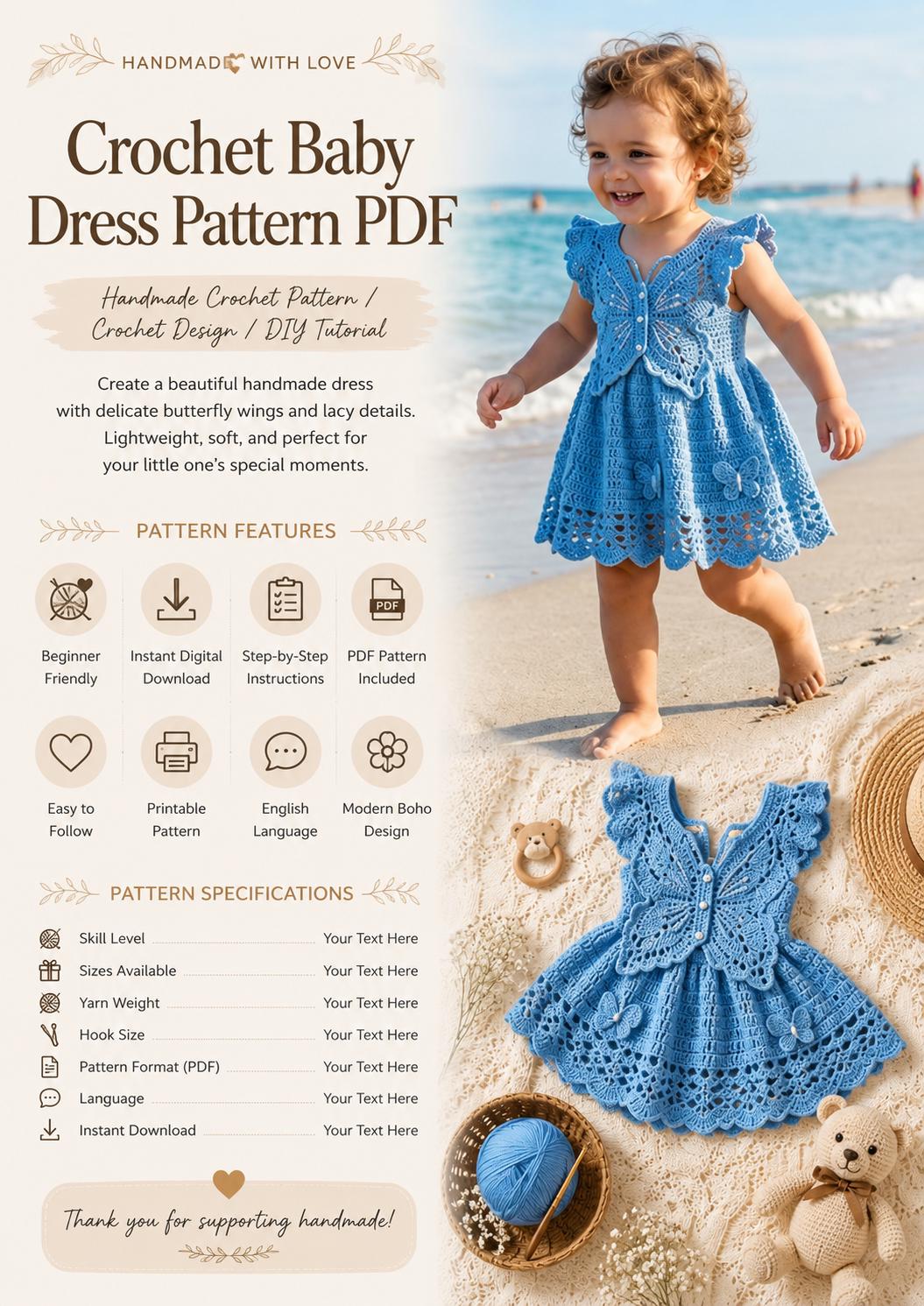 simple crochet baby dress pattern free pdf Crochet Pattern PDF, Baby Girl Crochet Dress, Butterfly BabyDress Crochet Pattern, Butterfly Toddler Summer Dress The Ultimate Guide to Girl SCV009605_BL_XL Kameez Length:49 sizing information