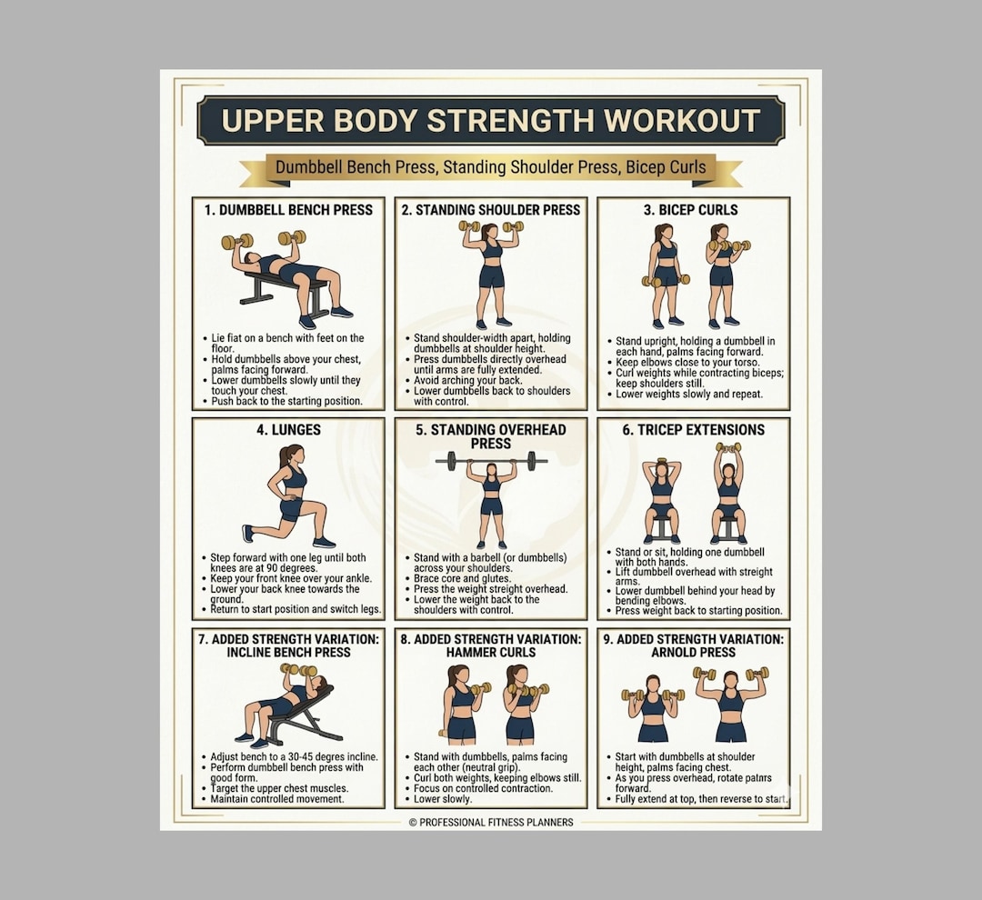 Upper Body Strength Workout Poster | Dumbbell Exercise Chart | Home Gym ...