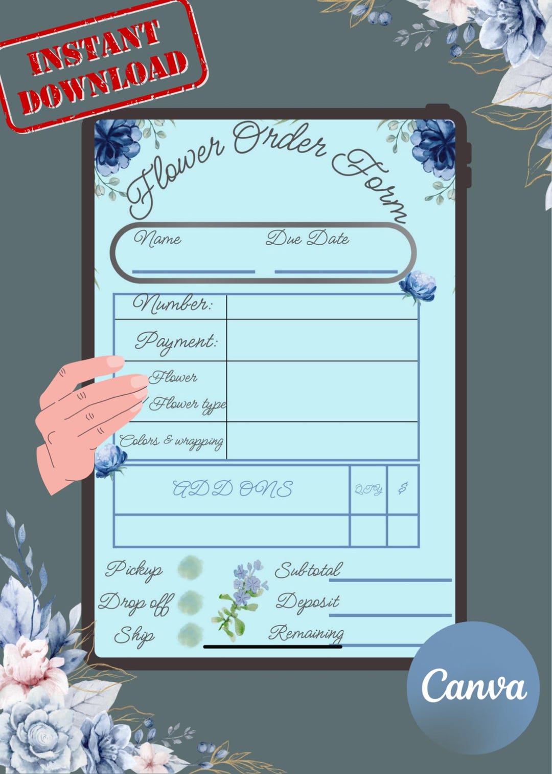 Floral Order Form Template | Blue Watercolor Design (canva, Digital ...