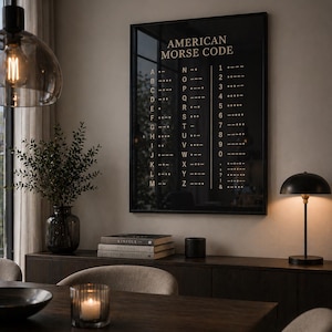 Könnte beinhalten: Ein gerahmtes schwarzes Poster zeigt den amerikanischen Morsecode mit Buchstaben und Zahlen. Das Poster hängt über einem dunklen Holzschrank. Auf dem Schrank steht eine schwarze Lampe mit rundem Schirm.