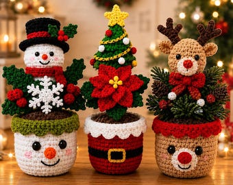 Christmas Crochet Pot Patterns, 3 Pattern Bundle, Snowman, Christmas Tree, Reindeer PDF
