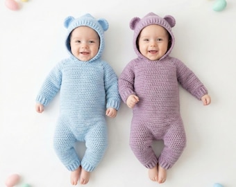 New Born Baby Bear Hood Romper Crochet Pattern For Easter - PDF- Jumpsuit Newborn Digital Download Pattern - Size 0-3 months
