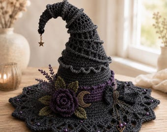 Gothic Crochet Patterns Witch Hat PDF, Moonlit Thorn Lace Centerpiece with Plum Rose for Halloween Decor