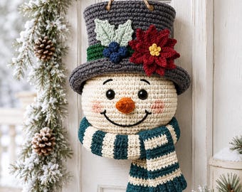 Crochet Snowman Wall Hanging Pattern, Christmas Door Decor, Amigurumi Snowman PDF, Winter Holiday Crochet Pattern, Handmade Decor