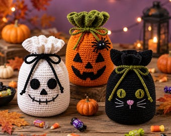 Halloween Crochet Treat Bag Pattern PDF, Pumpkin Ghost Frankenstein Scarecrow Drawstring Bag Crochet Pattern, Candy Bag Tutorial