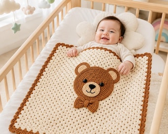 Crochet Teddy Bear Baby Blanket Pattern, Beginner Appliqué Nursery Afghan (PDF Download)