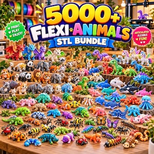 Op de afbeelding: Een digitale collectie van 5000+ gearticuleerde dierenfiguren in diverse kleuren en soorten, waaronder draken, zeedieren en insecten, weergegeven met de tekst 5000+ FLEXI ANIMALS STL BUNDLE en PRINT PLAY ENJOY.