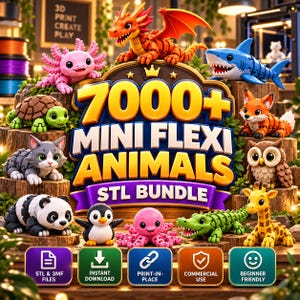 Könnte beinhalten: Eine digitale Sammlung von 7000+ Mini-Flexi-Tieren STL-Bundle mit 3D-gedruckten Figuren, darunter ein Drache, Axolotl, Hai, Schildkröte, Katze, Fuchs, Eule, Panda, Pinguin, Krake, Krokodil und Giraffe mit Symbolen für Dateitypen und Download.