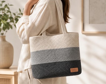 Beginner Crochet Tote Bag Pattern PDF | Rope Color Block Market Bag | Easy Shoulder Bag