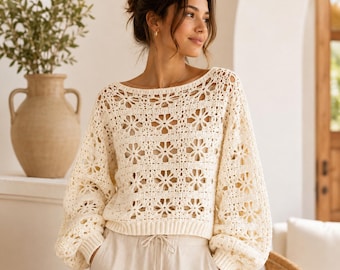 Crochet Top Pattern PDF, Boho Floral Lace Sweater, Oversized Sleeve Crochet Pullover, Digital Download Gift for Her, Video Tutorial, 4 Sizes