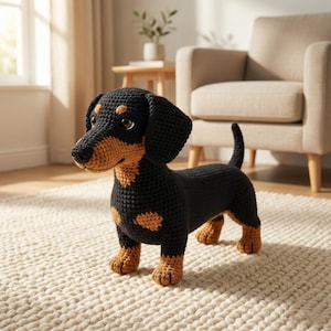 Op de afbeelding: Een handgemaakte gehaakte teckel in zwart en bruin. De hond heeft een lang lichaam, korte poten en flaporen. Hij staat op een crèmekleurig tapijt. Een charmant decoratief item.