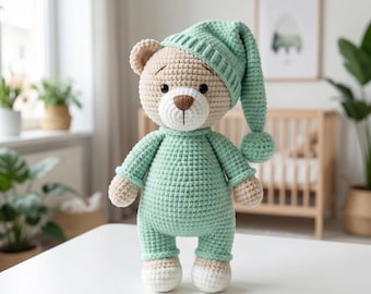Sleepy Amigurumi Teddy Beer, Velvet Plush Toy Tutorial, Overalls Nightcap, Instant Download