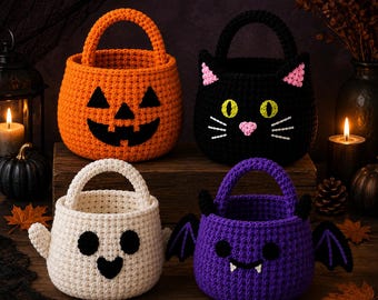 4-in-1 Halloween Basket Bag Bundle Crochet Pattern PDF, Pumpkin Black Cat Ghost Bat, Instant Download