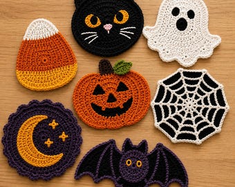 Spooky Halloween Crochet Coaster Bundle PDF, 7 Mug Mat Patterns with Pumpkin, Ghost, Cat, Moon, Bat, Candy Corn and Spiderweb Decor.