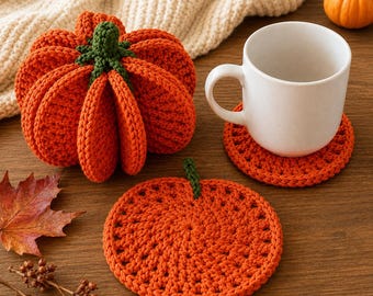 Pumpkin Coaster Set Crochet Pattern - 8 Coasters Become One 3D Pumpkin