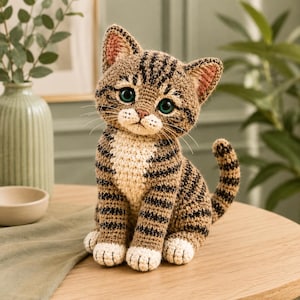 May include: A crocheted tabby cat figurine featuring brown and black striped fur, a cream-coloured chest and paws, large green eyes, and pink inner ears. The cat is depicted in a seated position with its tail curled upward, showcasing detailed yarn texture.
