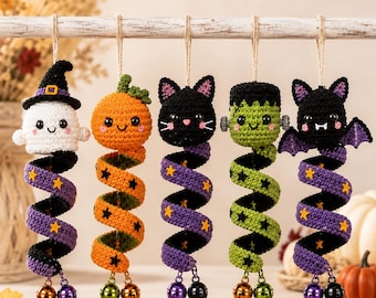 Halloween Wind Spinner Crochet Pattern PDF Bundle, Amigurumi Ghost Pumpkin Cat Bat Frankenstein, Hanging Decor, Digital Download