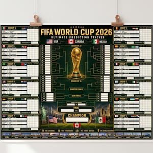 以下が含まれることがあります： FIFAワールドカップ2026の予測トラッカーポスター。中央に金色のトロフィーのグラフィック、トーナメント表、12グループ分の対戦表が配置されています。デザインにはアメリカ、カナダ、メキシコの国旗と都市のスカイラインが含まれています。