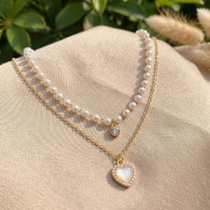 18K Gold Filled Double Layer Pearl Necklace Dainty Heart Pendant Choker Layered Jewelry Set One Piece Elegant Gift for Her