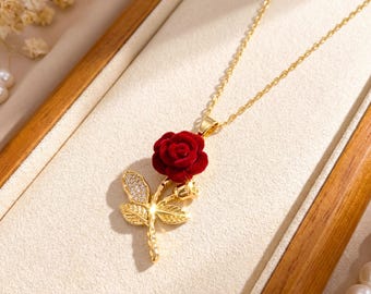 Rode roos ketting, 18K gold filled roos hanger ketting, fluwelen bloem bedel sieraden, romantisch cadeau voor haar, sierlijke gouden sieraden