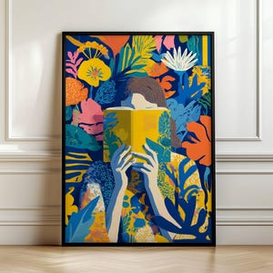 Woman Reading Art Print | Colourful Botanical Book Lover Wall Art