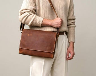 Bolso bandolera de cuero vintage, maletín de cuero, bolso de hombro de cuero, bolso cruzado, bolso de trabajo de cuero, bolso para portátil, bolso de mano, bolso unisex de regalo