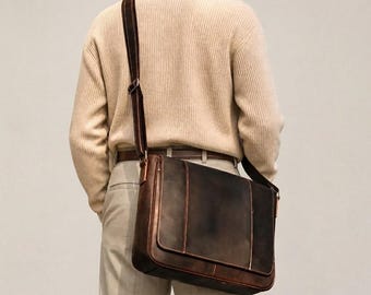 Vintage Leather Messenger Bag, Leather Briefcase, Leather Shoulder Bag, Crossbody Bag, Leather Work Bag, Laptop Bag, Handbag,Unisex Bag Gift