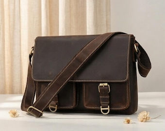 Vintage Leather Messenger Bag, Leather Briefcase, Leather Shoulder Bag, Crossbody Bag, Leather Work Bag, Laptop Bag, Handbag,Unisex Bag Gift