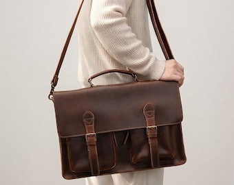 Vintage Leather Messenger Bag, Leather Briefcase, Leather Shoulder Bag, Crossbody Bag, Leather Work Bag, Laptop Bag, Handbag,Unisex Bag Gift