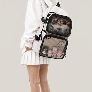 Puede incluir: Una mochila blanca con dos bolsillos frontales transparentes superpuestos y bordes negros. El bolsillo superior contiene varios pines circulares, mientras que el inferior muestra una colección de pequeñas figuras coloridas a través del panel.