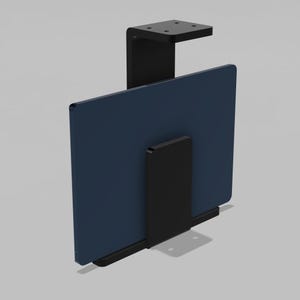 May include: Black metal tablet holder with a navy blue tablet. The holder has a right-angle design with a top mounting plate and a support that holds the tablet in place. The tablet is rectangular.