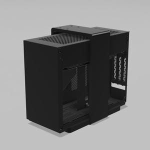 May include: A matte black computer case featuring a unique open-frame design with a central structural support beam, perforated ventilation panels on the top, and an exposed interior chassis structure with vertical expansion slots on the rear panel.